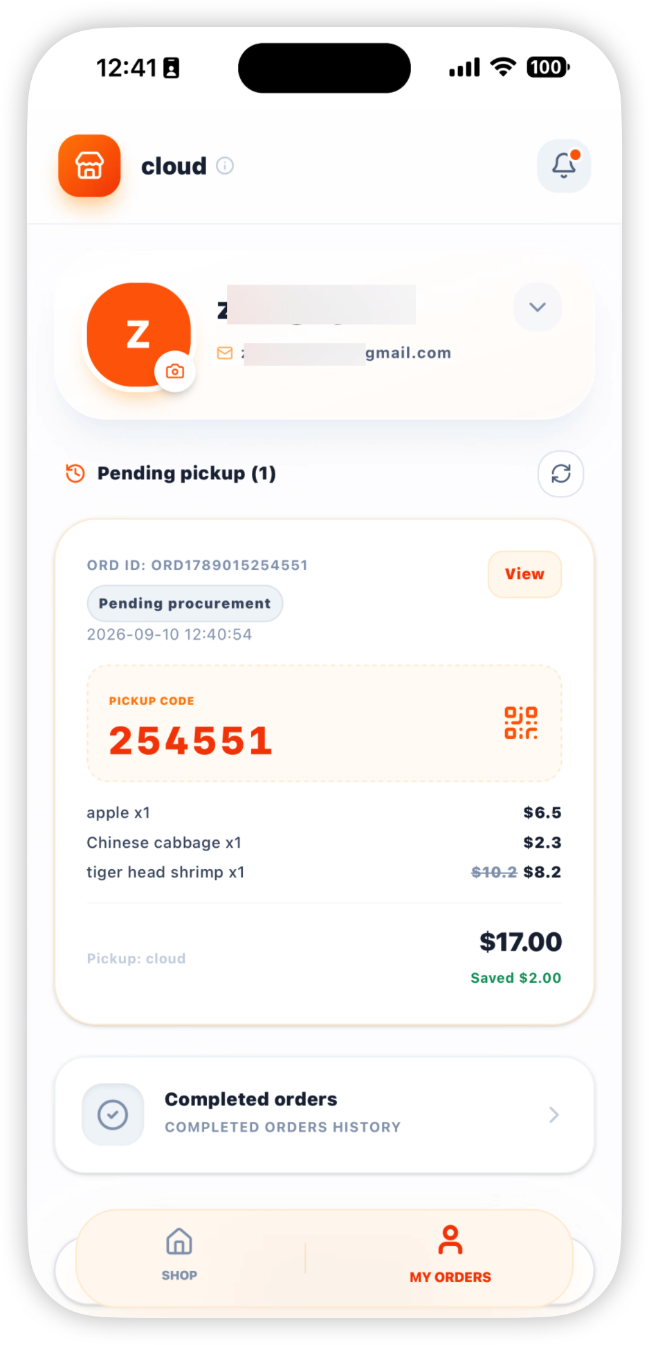 My orders screen with pickup code