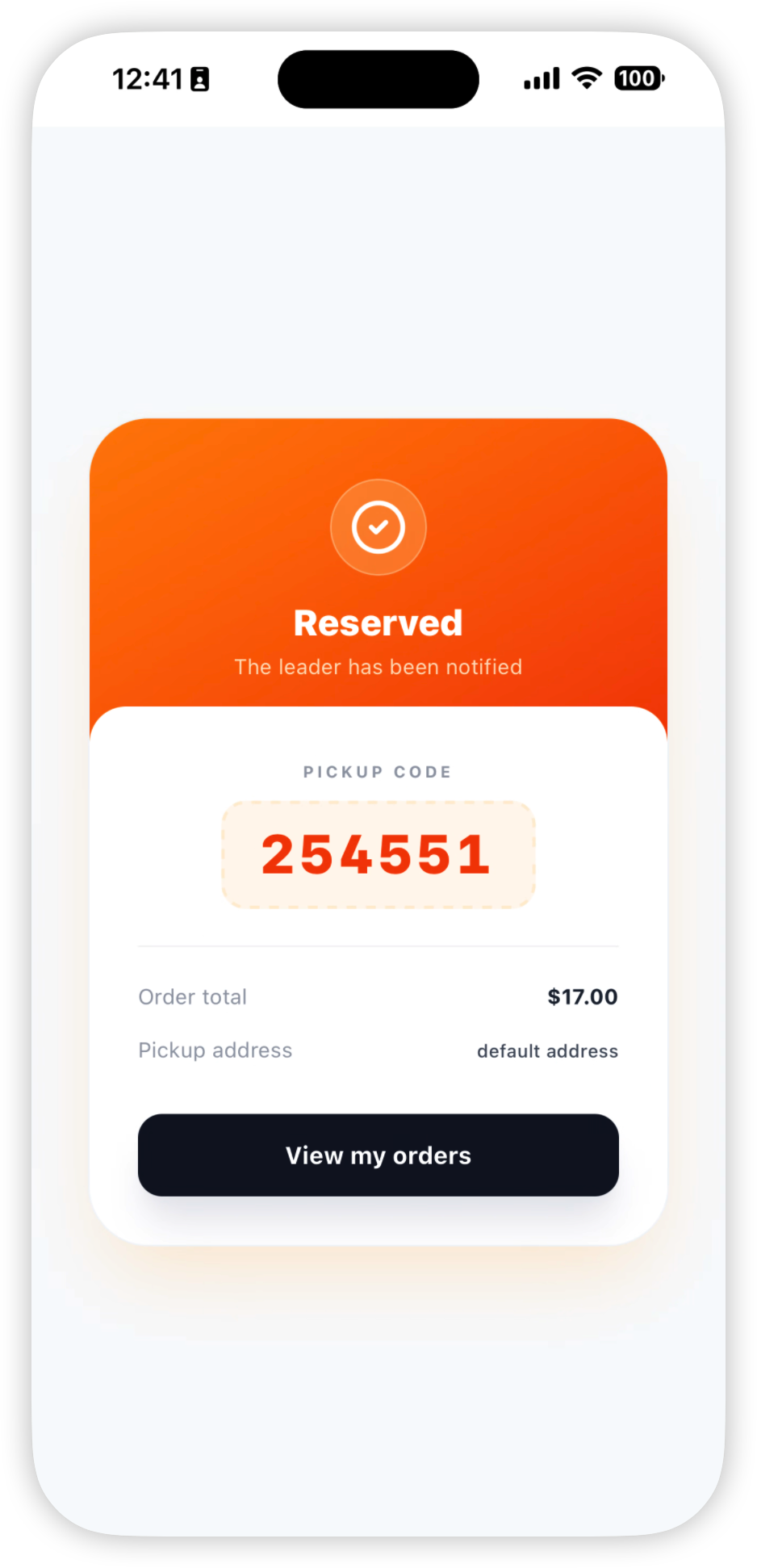 Reservation success and pickup code screen