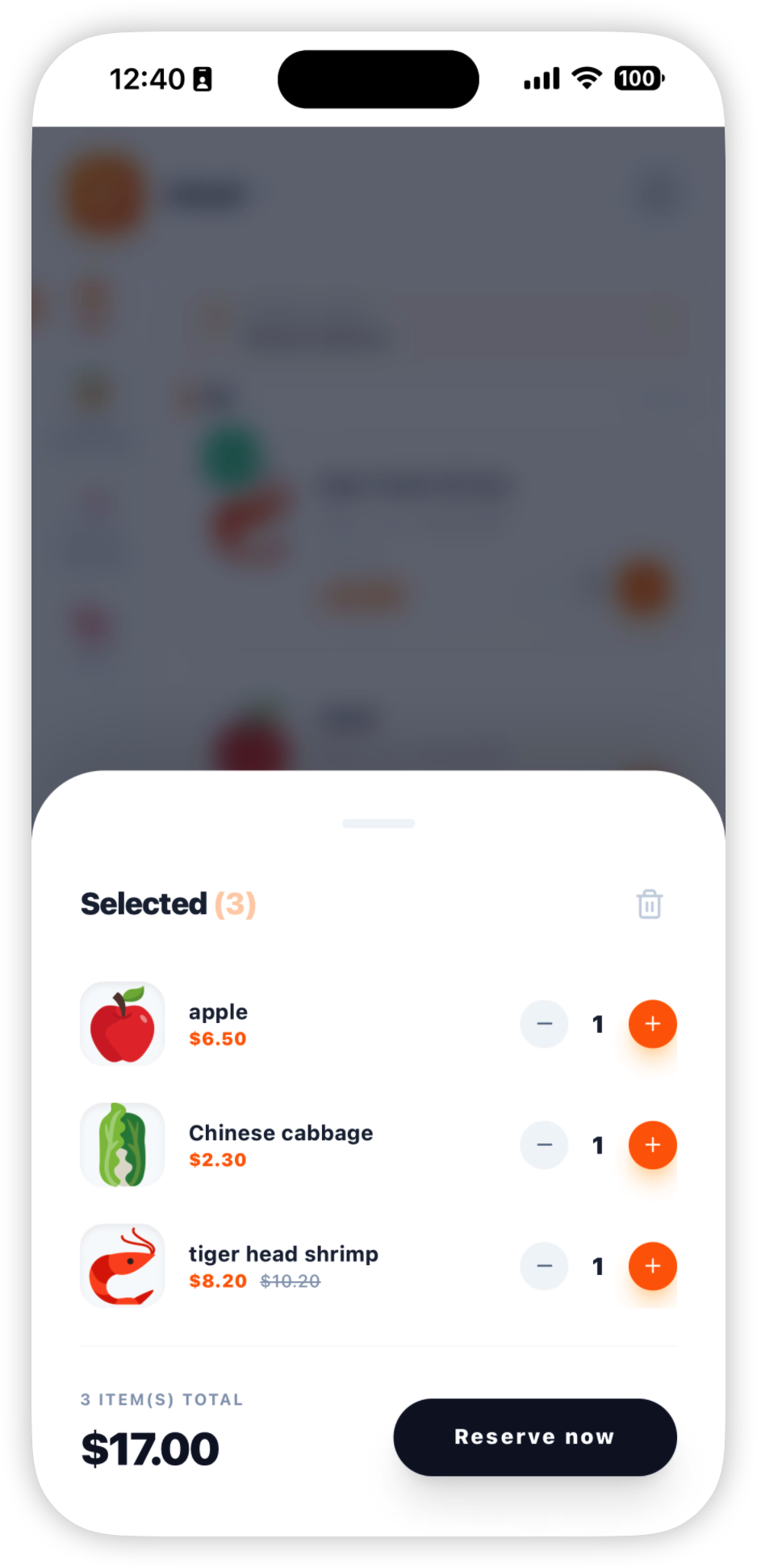 Selected items and reservation screen